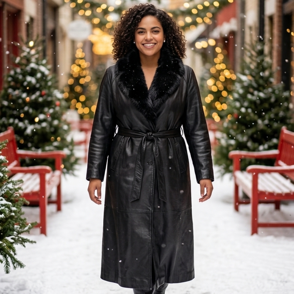 Long Black Faux-Fur Collar Trench Coat - Women 70s Vintage Leather Coat.